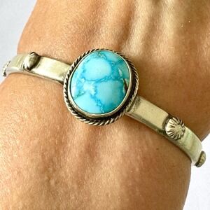 Navajo Turquoise Cuff Bracelet 6.5in‎ Hand Stamped Signed Yellowhair Sterling